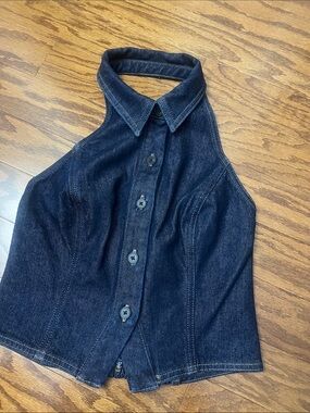 EXPRESS Denim Halter Button-Up Top in Dark Indigo, size XS, NWOT
